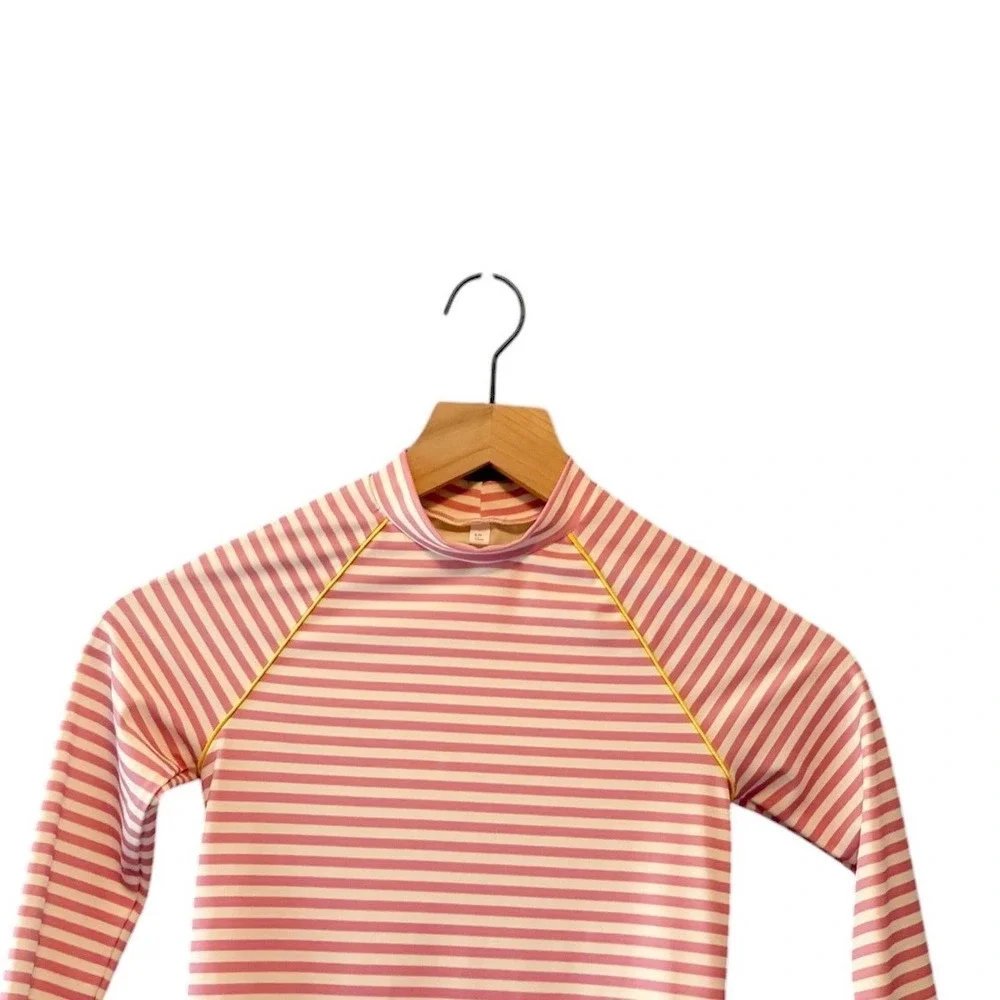 Mini Boden Girls Pink White Striped Sun-Safe Rash Guard UPF 40+ Long Sleeve 6-7Y